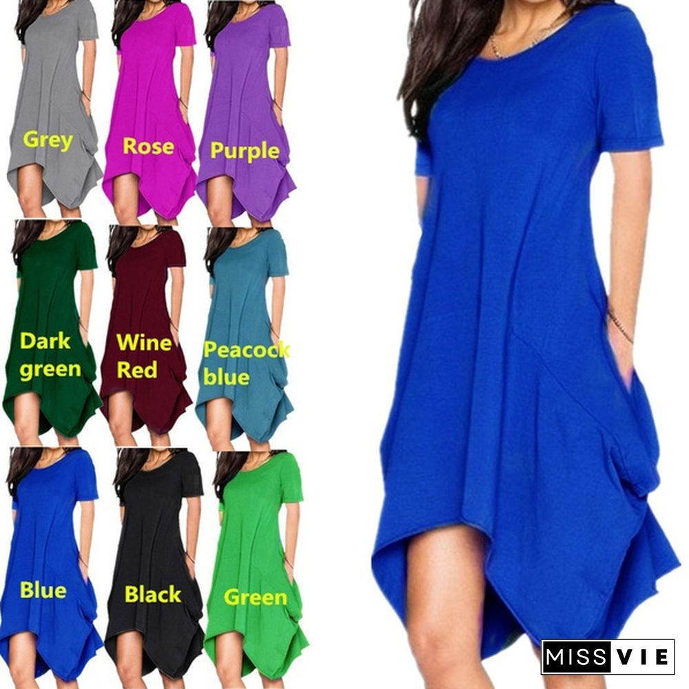 Summer Women's Fashion Solid Color Tunics Irregular T-Shirt Dresses Loose Casual O-Neck Chiffon Short Sleeves Dress Sexy Beach Dress Plus Size Pocket Dress Ruffles Party Mini Dress S-7Xl