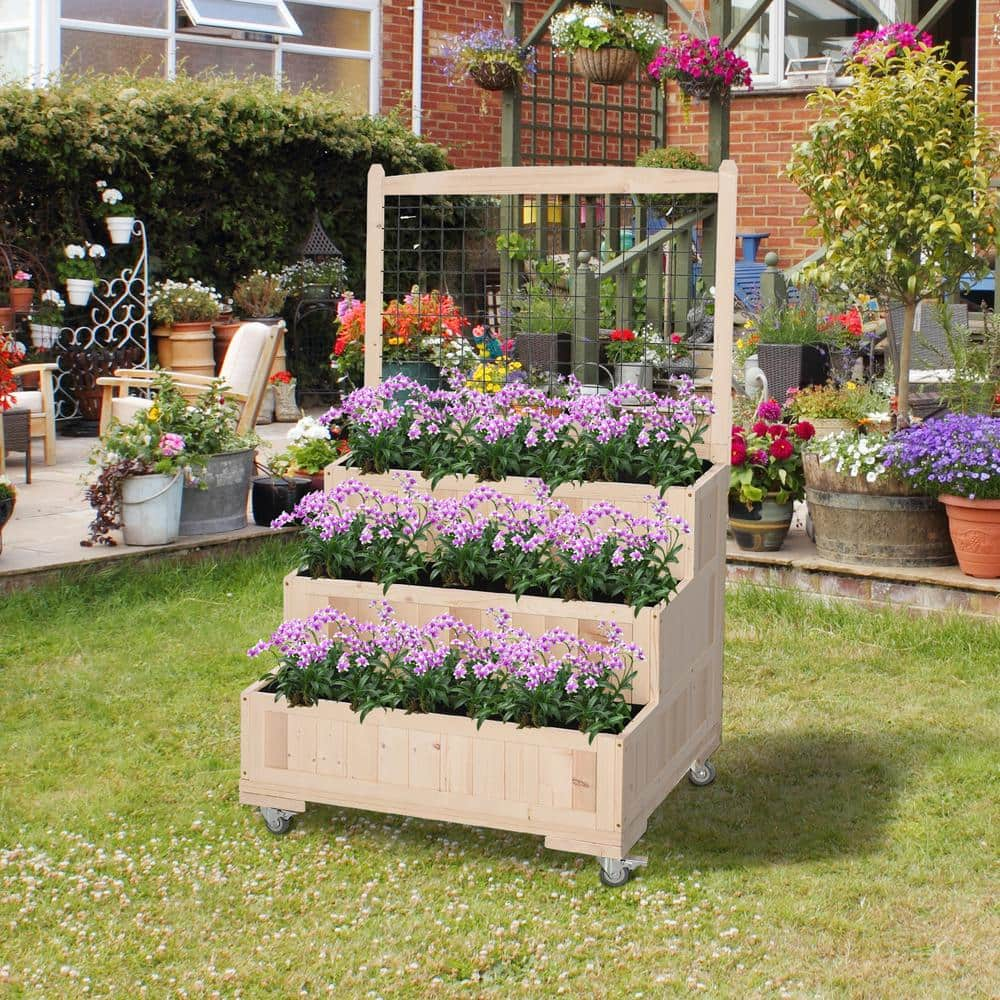 Outsunny 3-Tiers Natural Wooden Raised Garden Bed with Wheels， Trellis， Back Storage Area Easy Movable 845-480