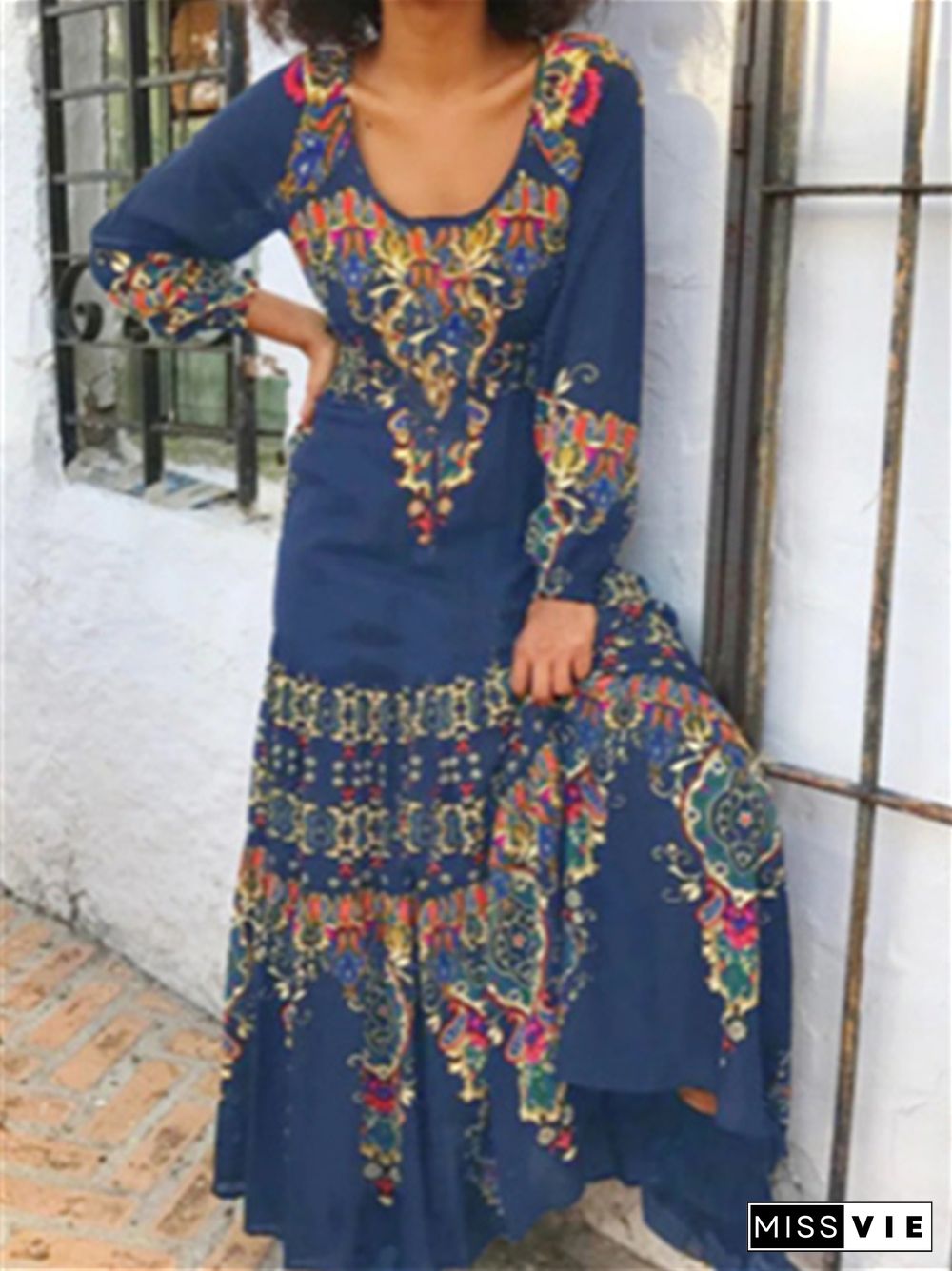 Spring and Summer Printed Round Neck Long Stitched Long Sleeved Dress