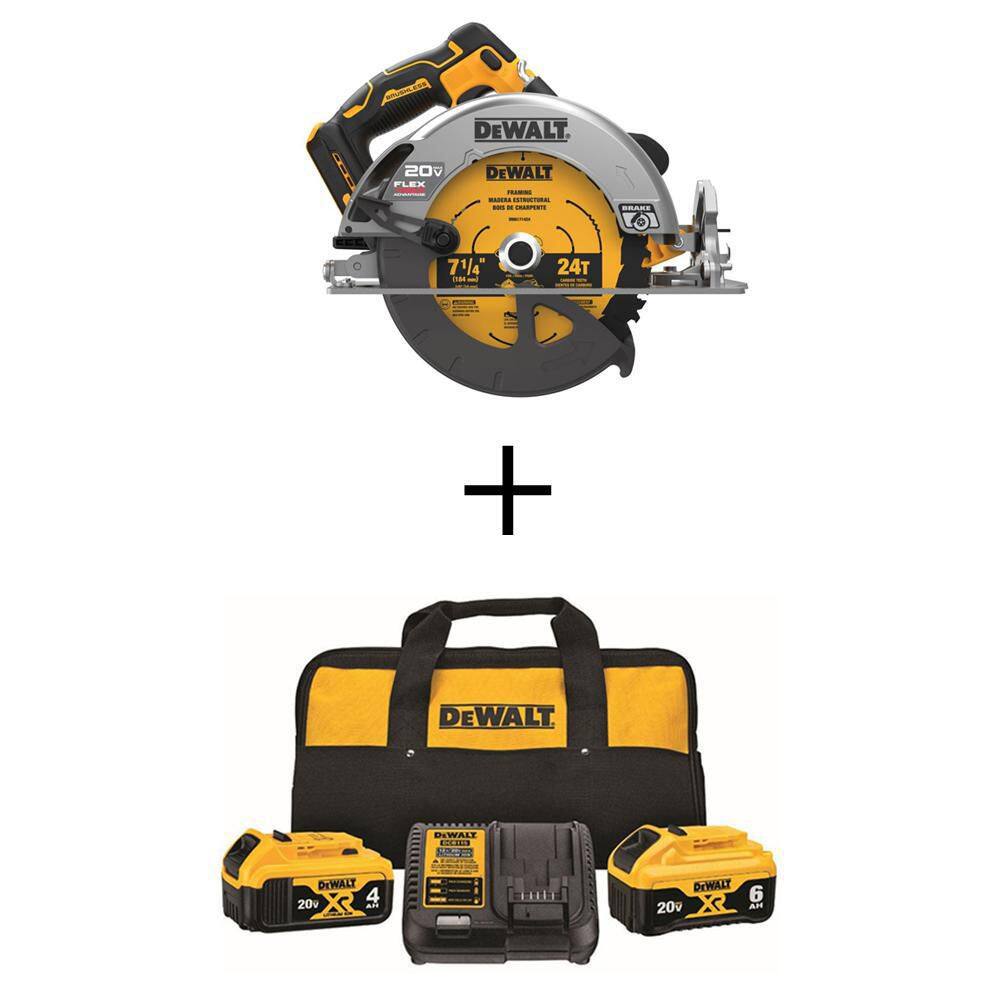 DW 20V MAX Cordless Brushless 7-14 in. Circular Saw (1) 20V 6.0Ah and (1) 20V 4.0Ah Batteries and Charger DCS573BDCB246CK