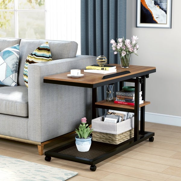 Height Adjustable C Table， Sofa Side Tables， Mobile End Table with Storage Shelves