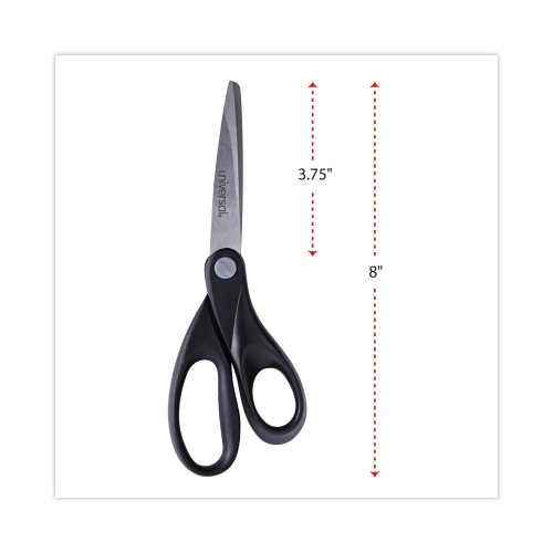 Universal Stainless Steel Office Scissors， 8 Long， 3.75 Cut Length， Black Straight Handle (92009)