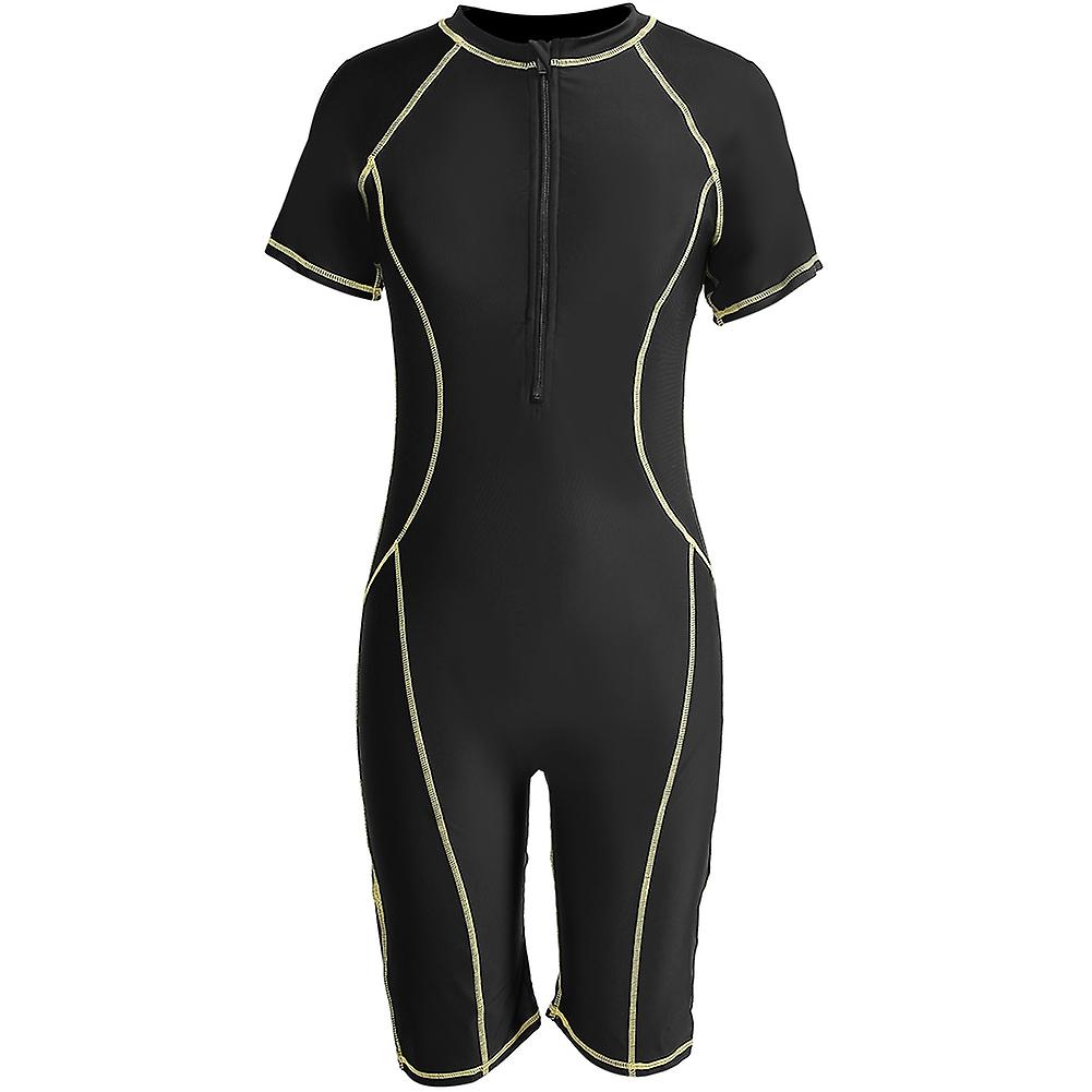 Women One-piece Black Diving Snorkeling Wet Suit Short Sleeve Fast Dry Swimwear(XL)