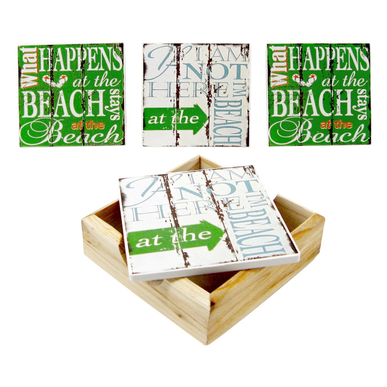 What Happens At the Beach Tile Coasters and Wood Tray Set - Green and White