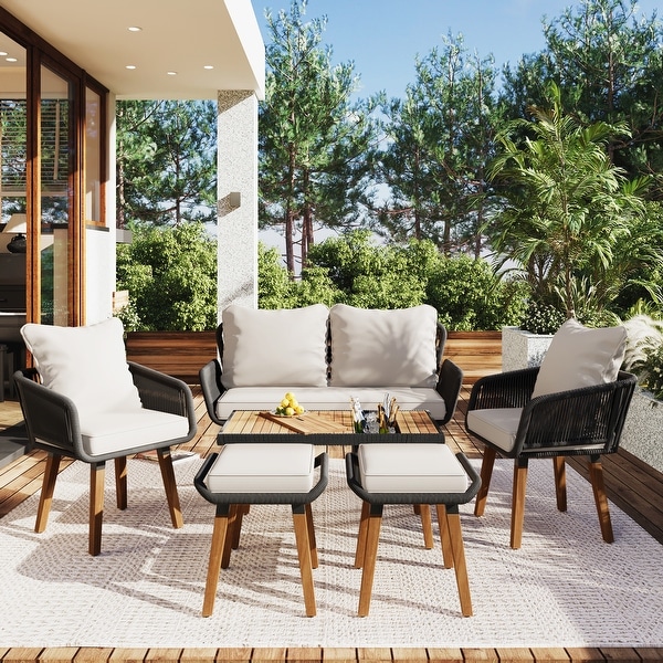 Deep Seat Patio Conversation Set with Two Stools for Backyard Porch Balcony，6Piece