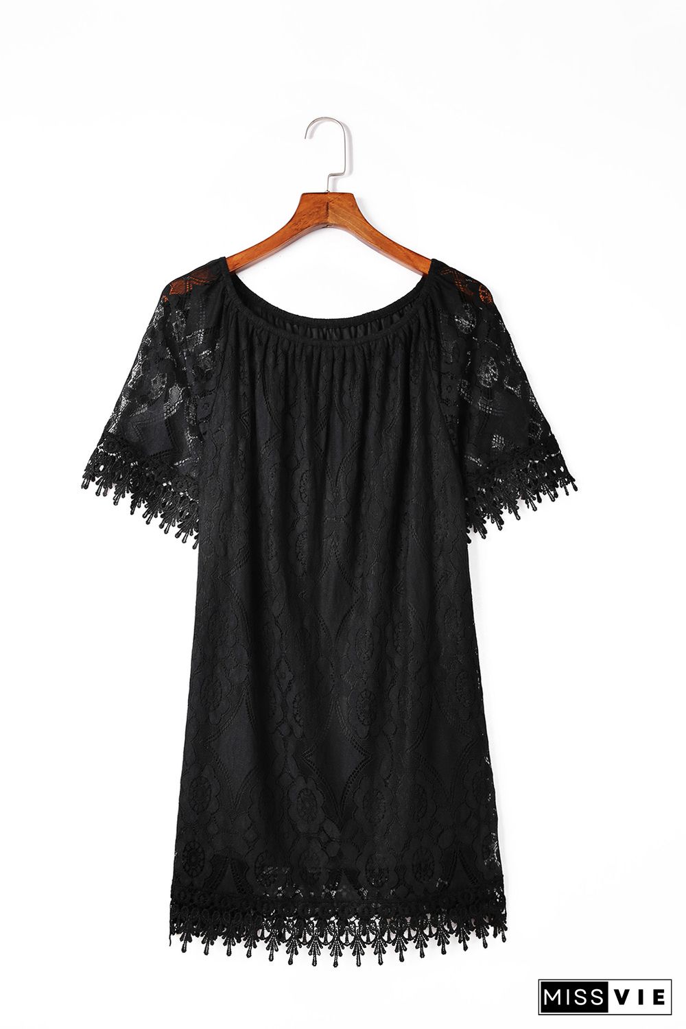 Black Round Neck Short Sleeve Loose Lace Dress