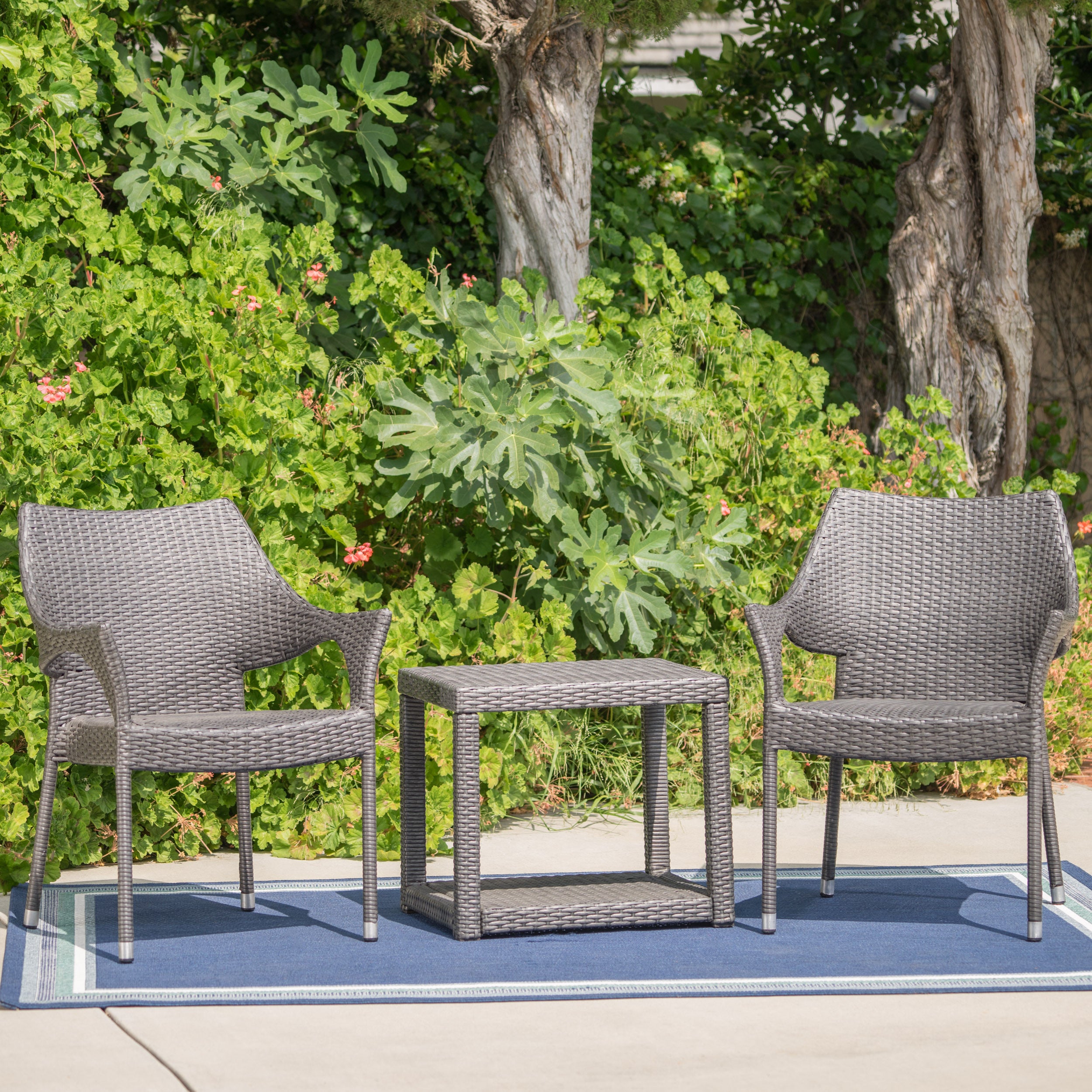 Alfheimr Outdoor 3 Piece Grey Wicker Stacking Chair Chat Set