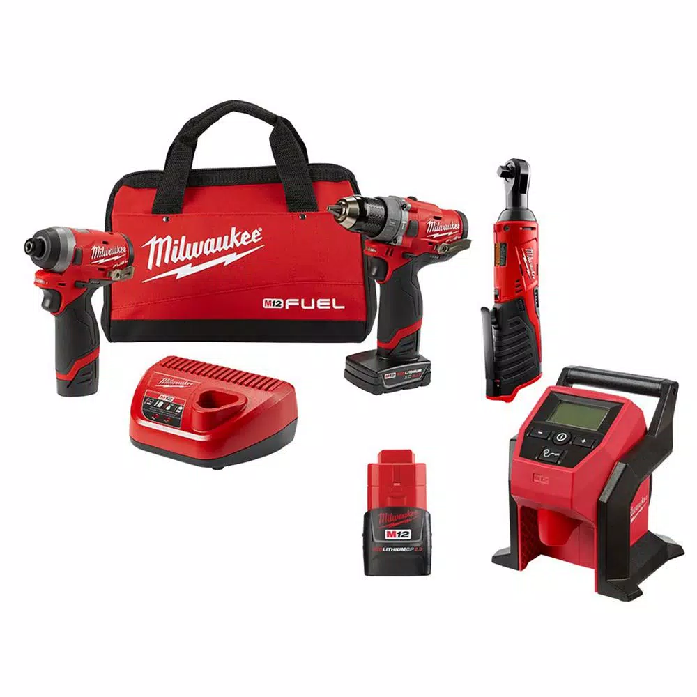 Milwaukee M12 FUEL 12-Volt Li-Ion Brushless Cordless Hammer Drill/Impact Driver Combo Kit with 3/8 in. Ratchet and Inflator (2-Tool) and#8211; XDC Depot