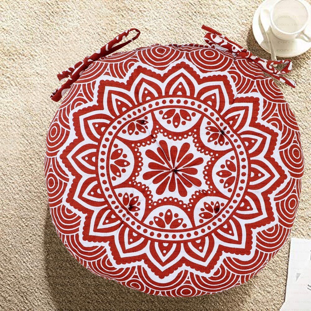 Handmade Cotton Mandala Tuffted Round Chair cushion pads 15''x15'' (Set of 2) with Ties for armchairs Dining Office chair