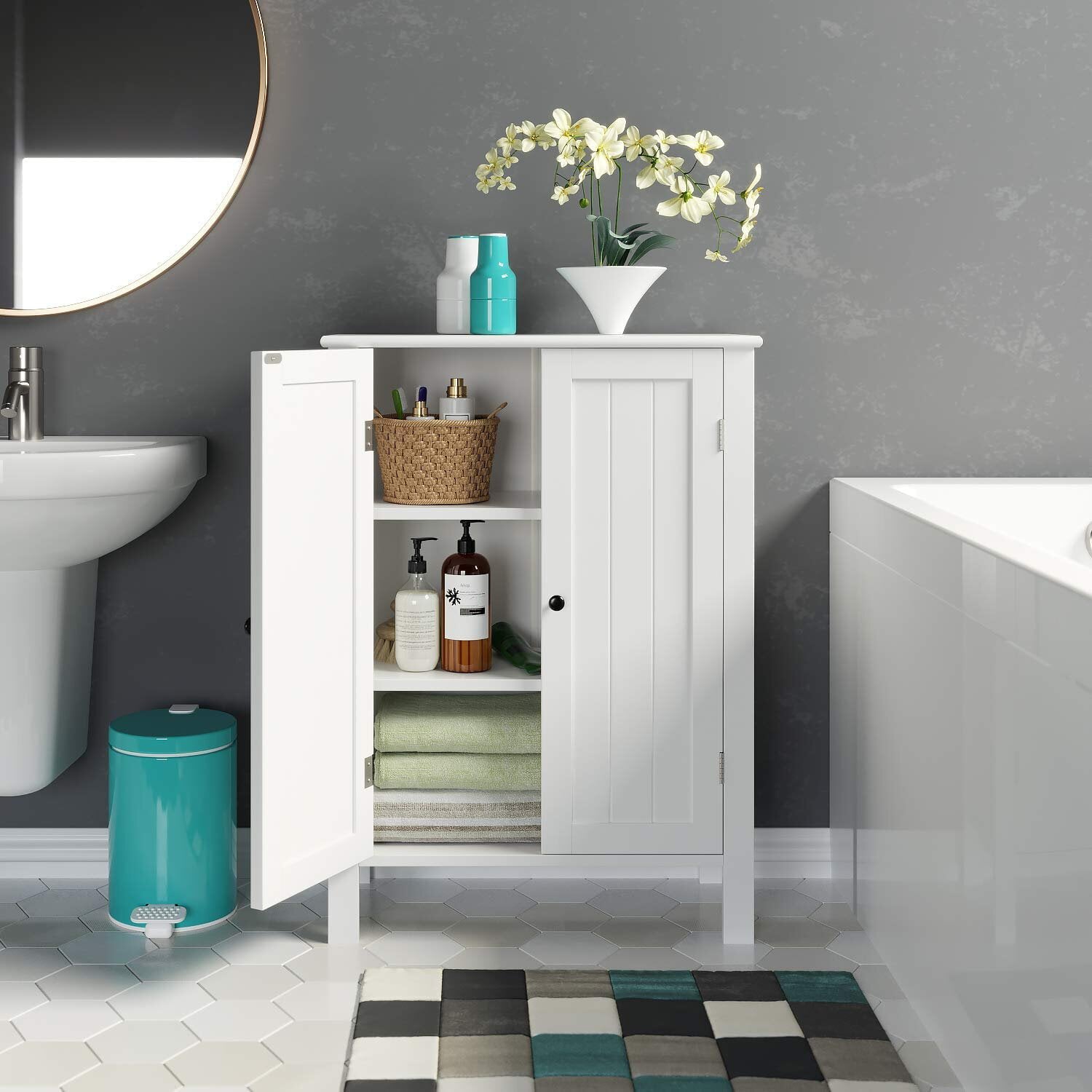 Homfa Bathroom Storage Floor Cabinet, Freestanding White Cabinet with Doors and Shelves