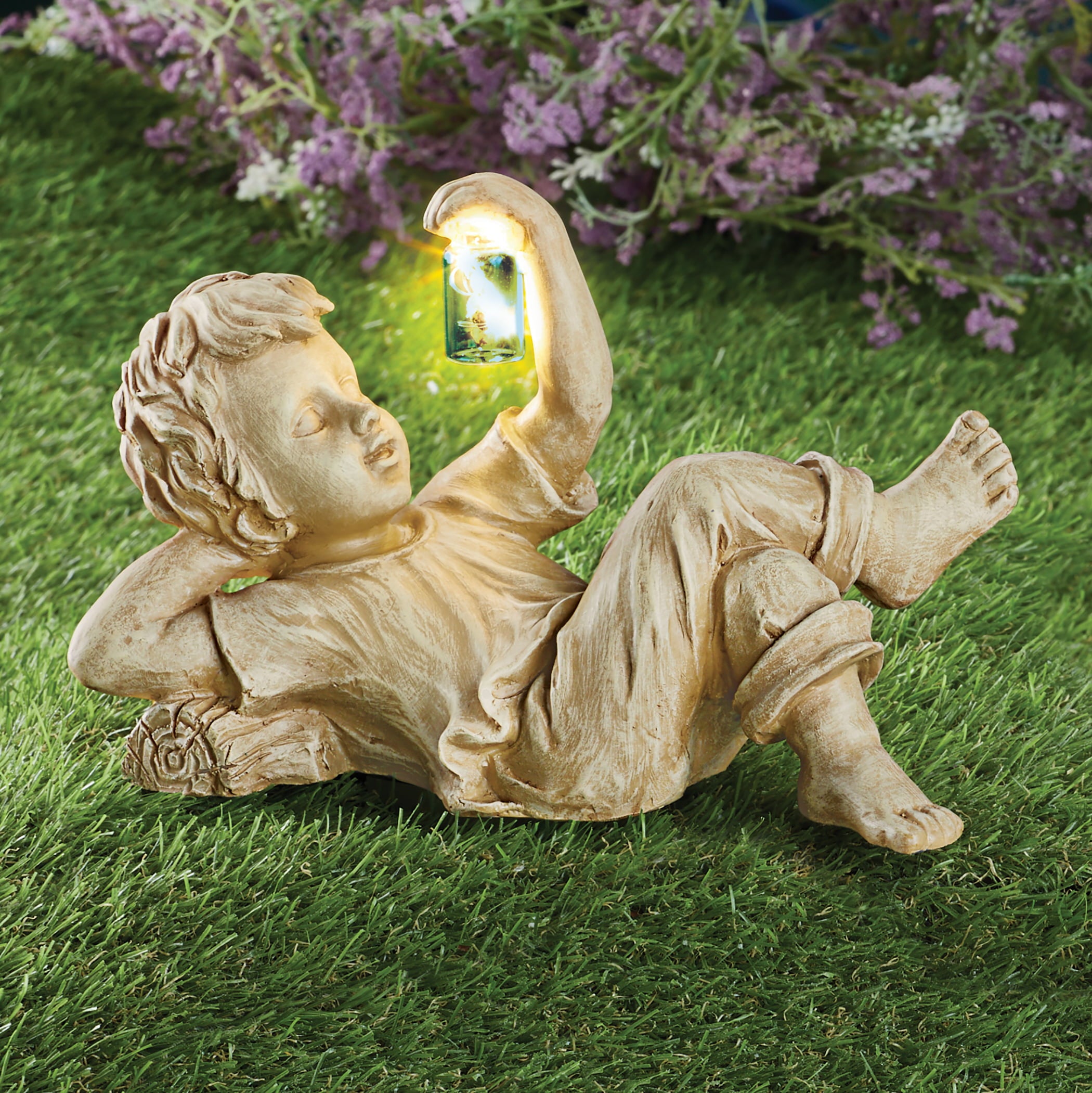 Children with Solar Powered Fireflies Garden Statues - Intricate Details - Choose Boy, Girl - Fireflies Automatically Shine at Night - Resin