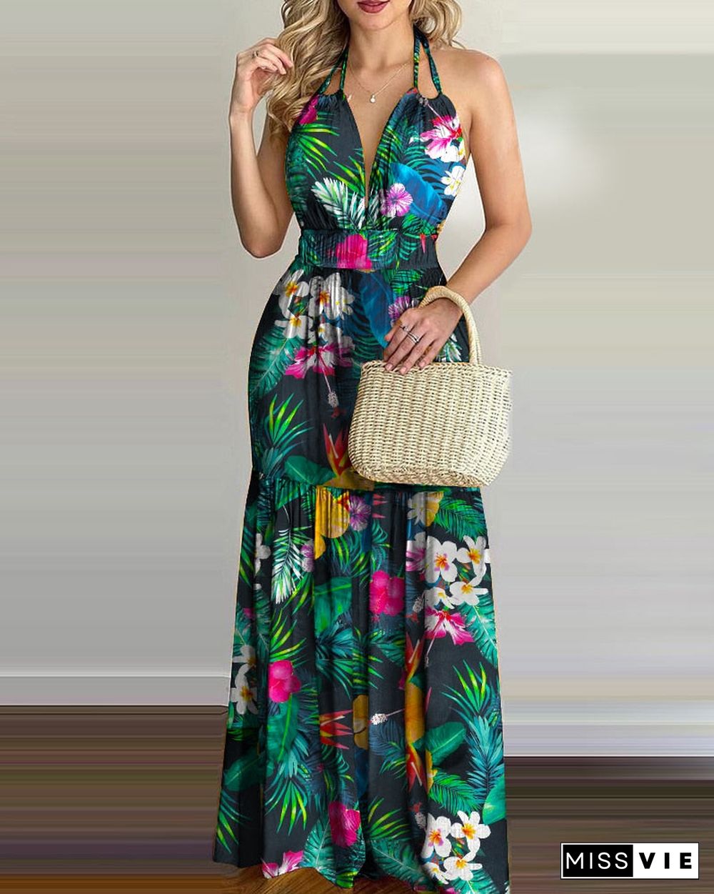 Women Summer Spring Tropical Print Halter Backless Maxi Dress Vacation Sleeveless Sexy Boho Beach Dress Casual Floral