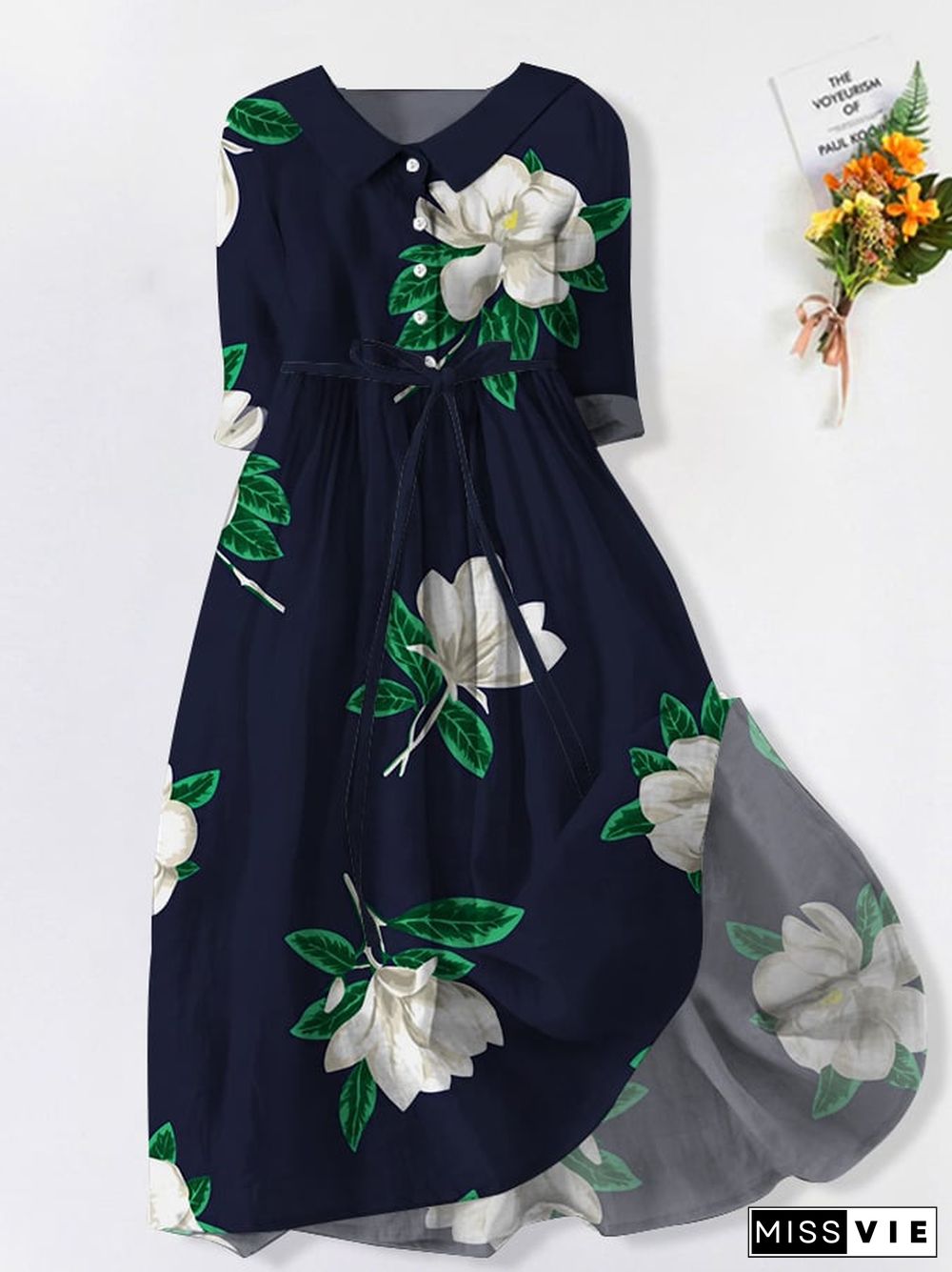 Women's Vintage Floral Design Printed Lace-Up Dress