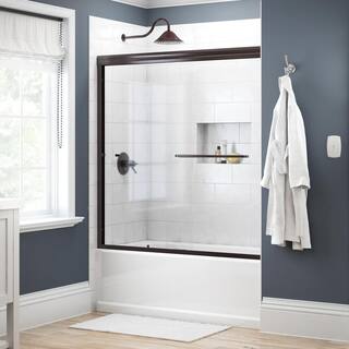 Delta Simplicity 60 in. x 58-18 in. Semi-Frameless Traditional Sliding Bathtub Door in Bronze with Clear Glass 2435519