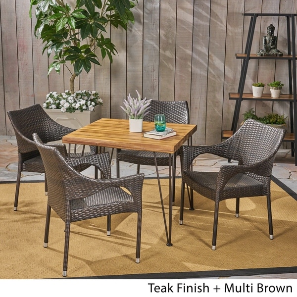 Christopher Knight Home Reed Outdoor Industrial Wood and Wicker 5Piece Square Dining Set