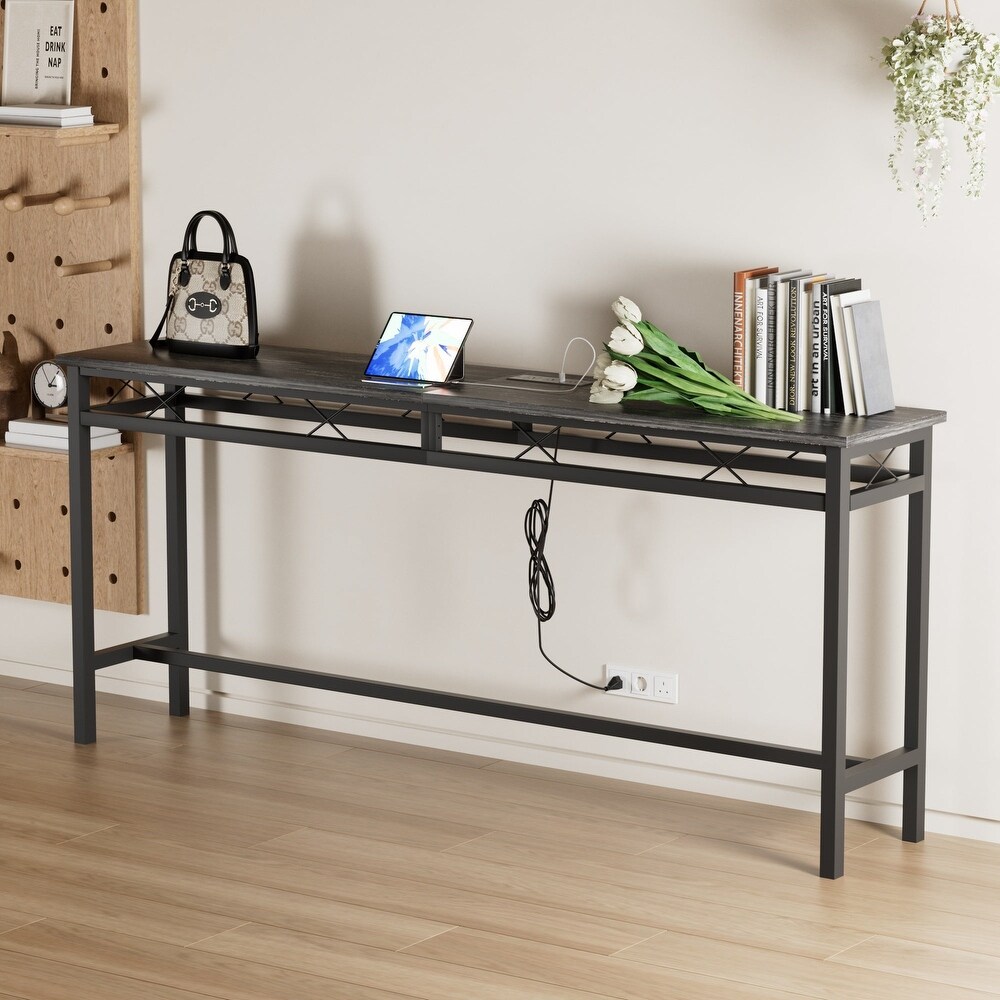 Javlergo Console Table with with Charging Station   USB Ports  Charcoal Gray