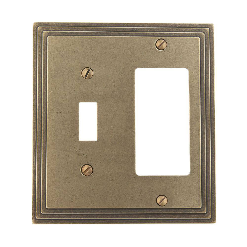 AMERELLE Tiered 2 Gang 1-Toggle and 1-Rocker Metal Wall Plate - Rustic Brass 84TRRB