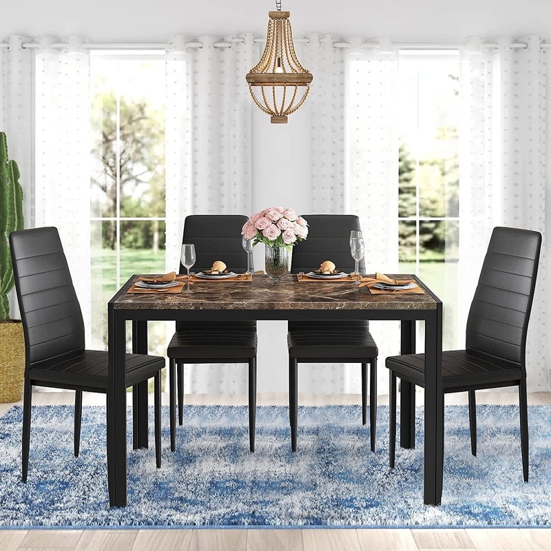 Mieres Modern Faux Marble 5 Pieces Kitchen Dining Set  Home Bar Dining Table Set with Upholstered PU Leather Chairs