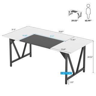 BYBLIGHT Capen 70.8 in. Retangular White Stitch Black 6 ft. Conference Room Table Meeting Computer Desk for 6 with M-Shaped Frame BB-JW0312DT