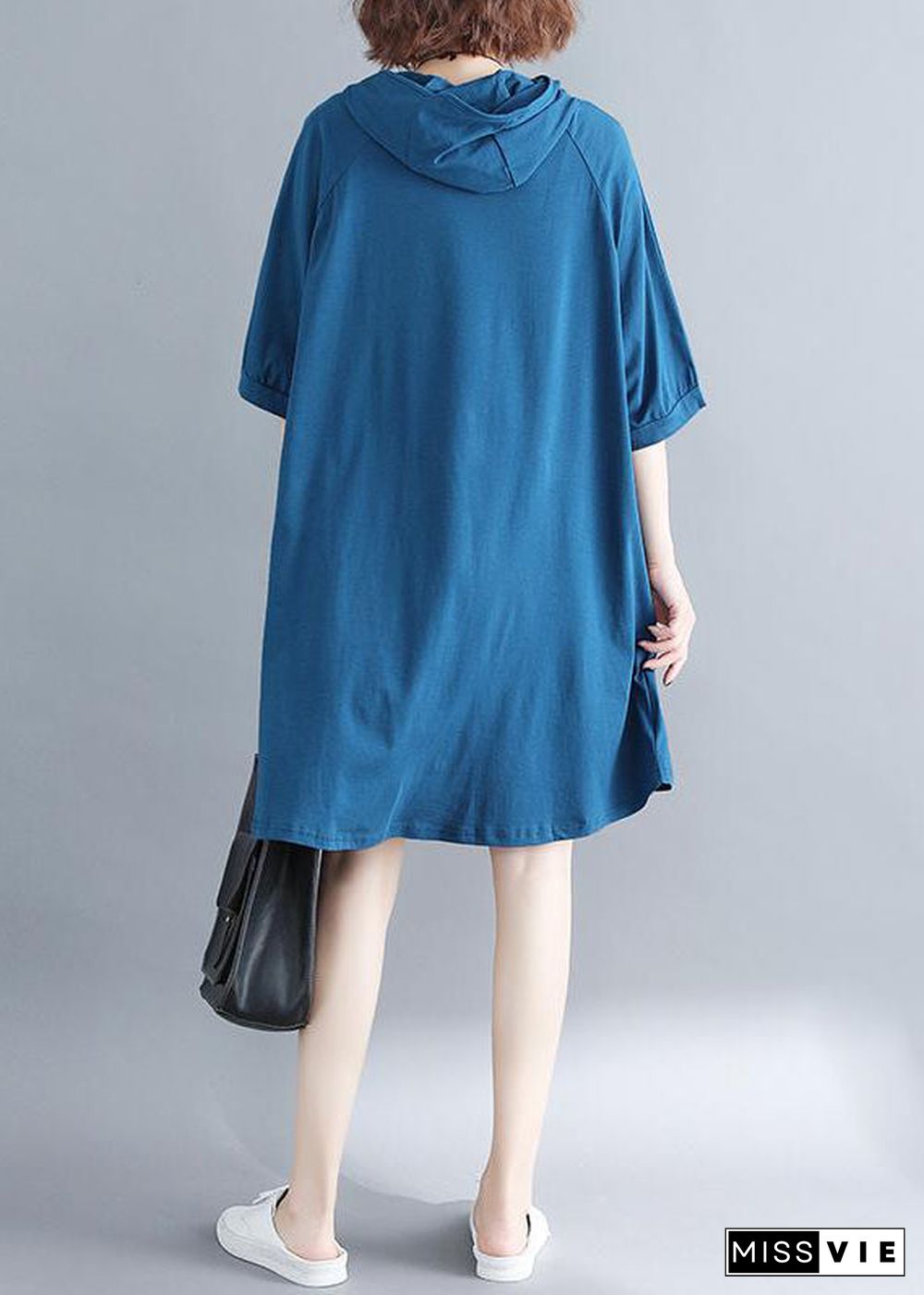 Plus Size Blue Hooded Print Cotton Sweatshirt Dress Summer