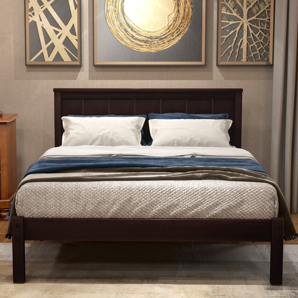 Modern   Rustic Wooden Platform Bed with Headboard  Solid Wood Bedframe with Wood Slat Support  Space Saving/No Box Spring Need