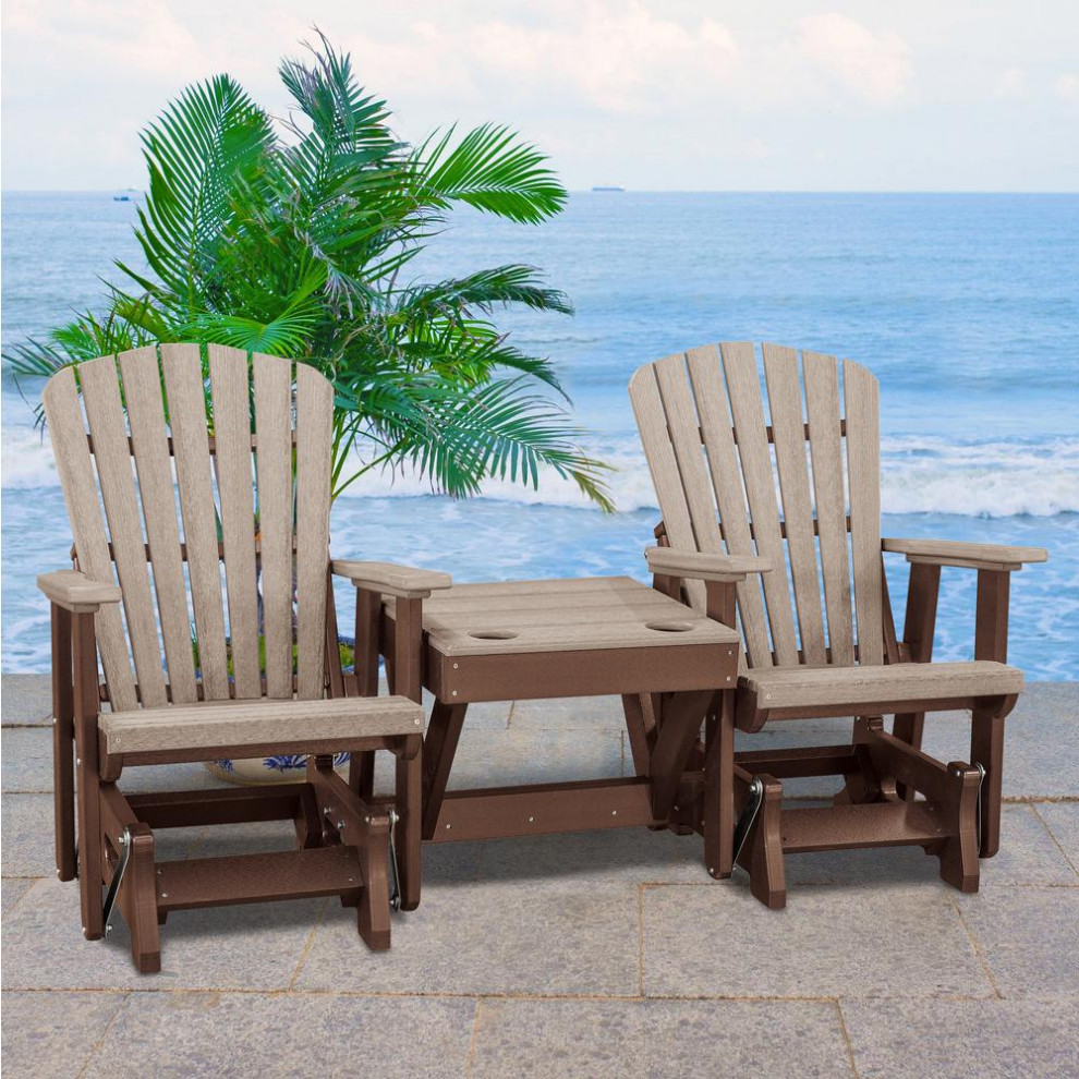 Double Glider With Center Table In Weatherwood And Tudor Brown   Traditional   Outdoor Dining Sets   by BisonOffice  Houzz