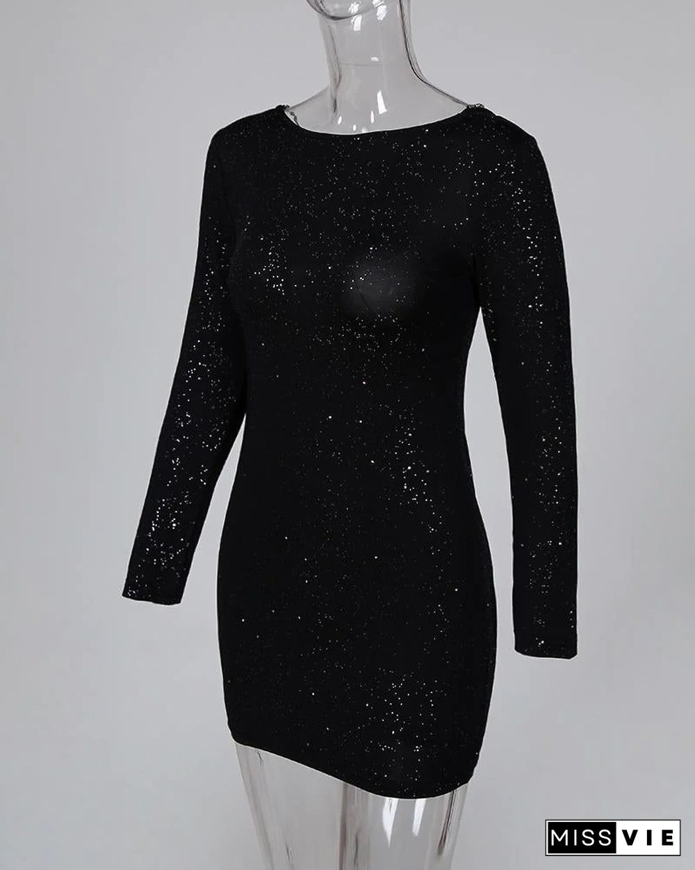 Glitter Open Back Crisscross Long Sleeve Bodycon Dress Black Dresses