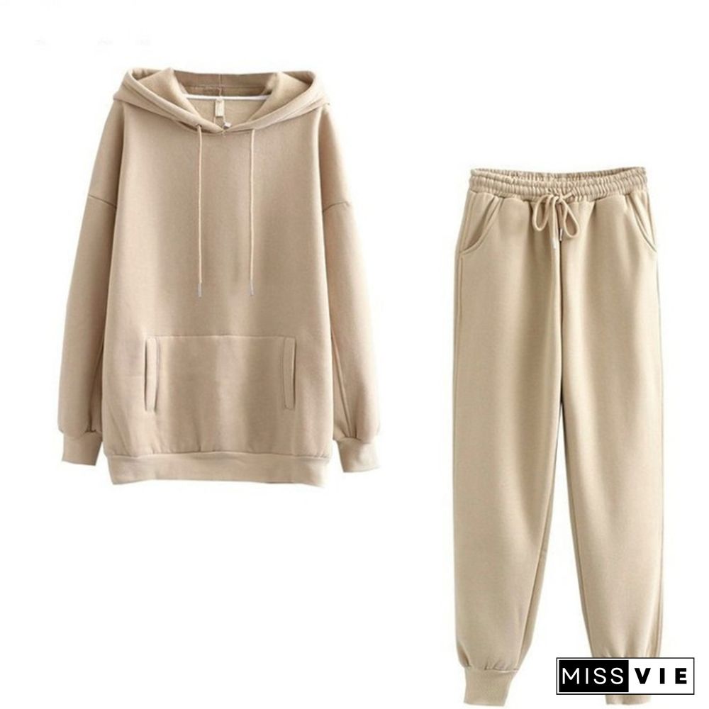 Casual Pure Color Draw String Hoodie Pants Set