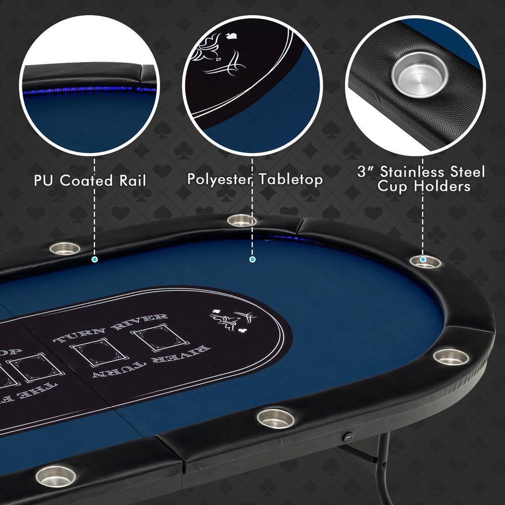 Costway Foldable 10 Player Poker Table Casino Texas Holdem with LED Lights USB Ports UY10016US-BL