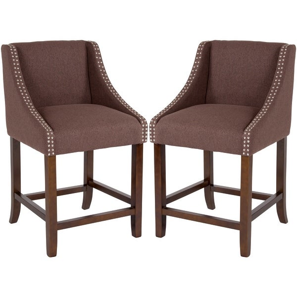 Brown Fabric Upholstered Counter Height Dining Stools with Nailhead Trim