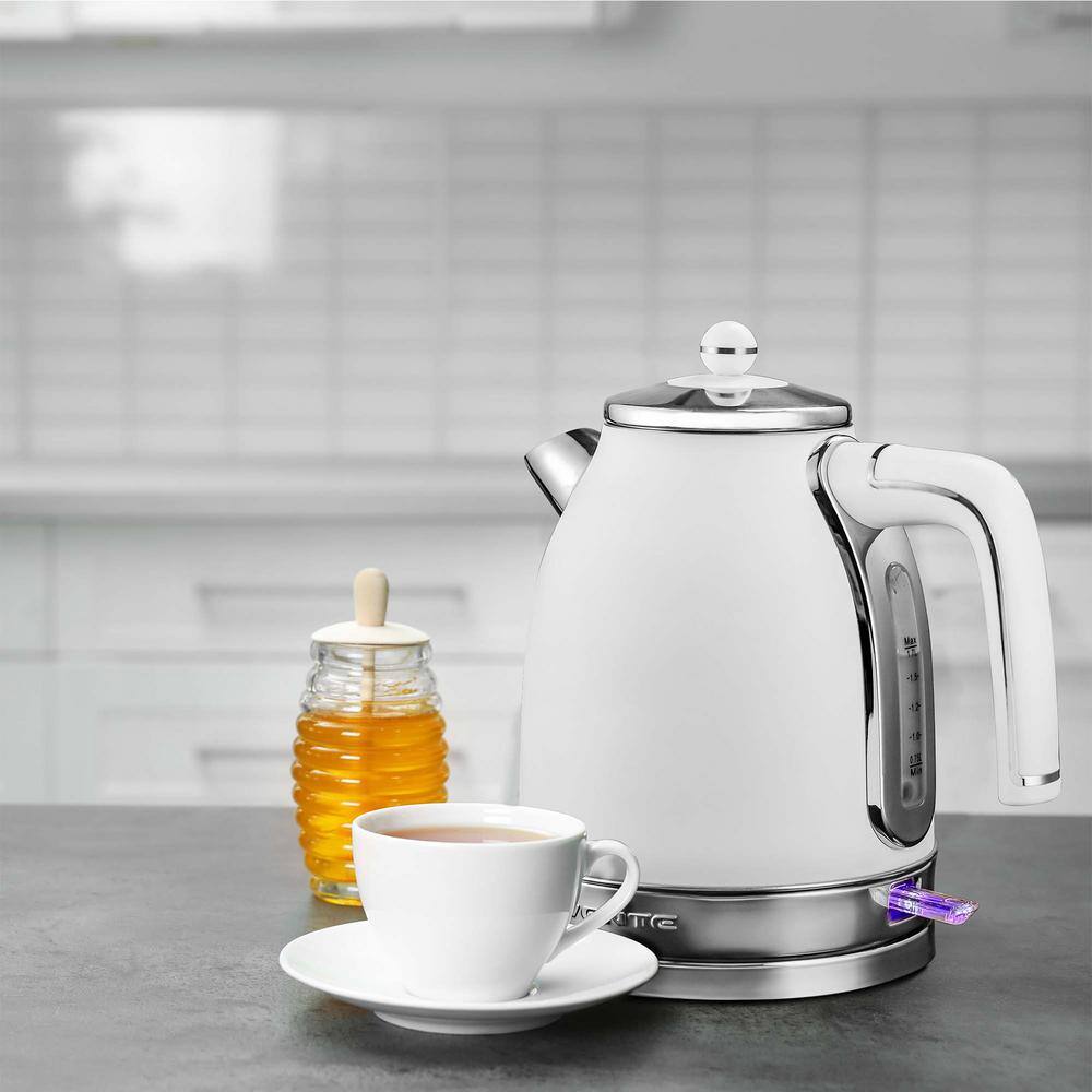 OVENTE 7.2-Cup White Stainless Steel Electric Kettle with Removable Filter Boil Dry Protection and Auto Shut Off Features KS777W