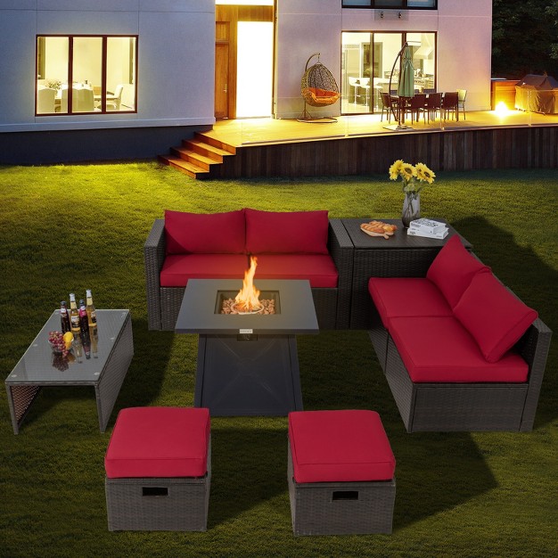 Propane Fire Pit Table Pe Wicker Space saving Sectional Sofa Set W Storage Box amp Cushions