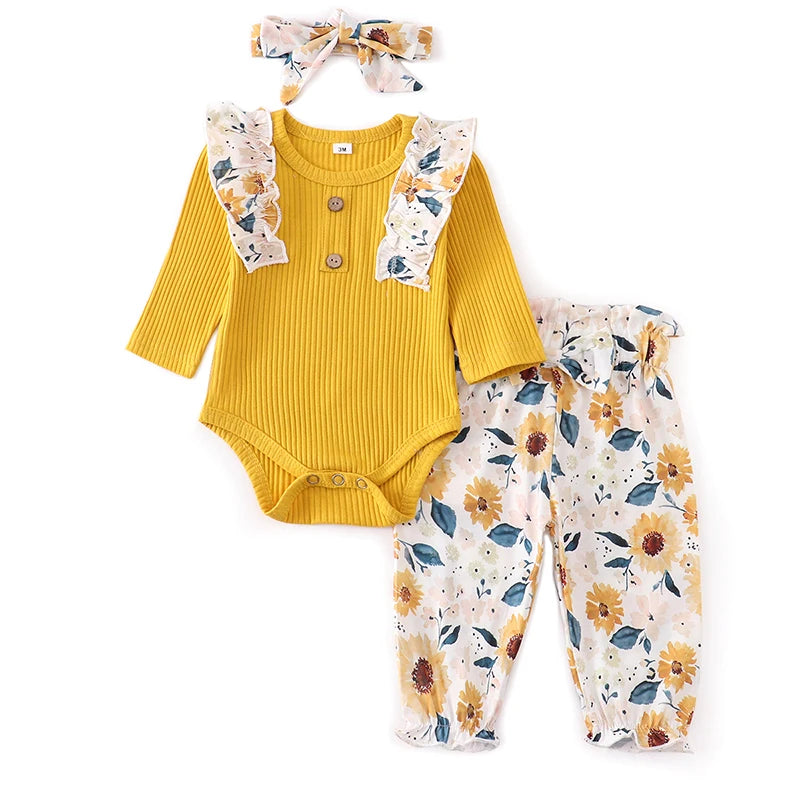 Autumn Baby Girl Clothes Sets Fashion Toddler Outfits Long Sleeve Tops Flower Pants Headband Cute 3Pcs Newborn Infant Clothing