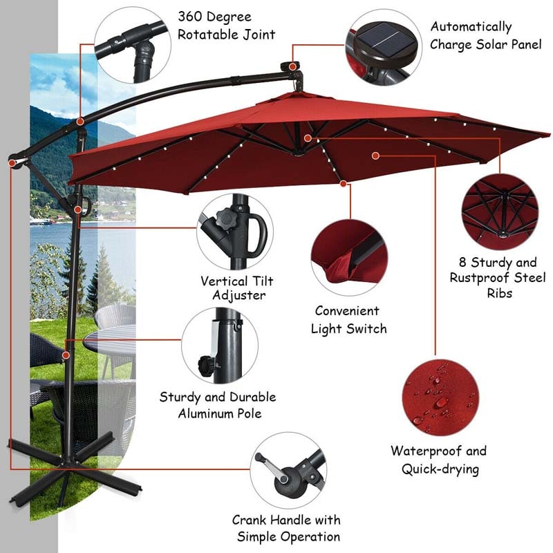 10 FT Patio Offset Umbrella with Solar Lights 360° Rotation Outdoor Market Umbrella with Crank Handle & Cross Base