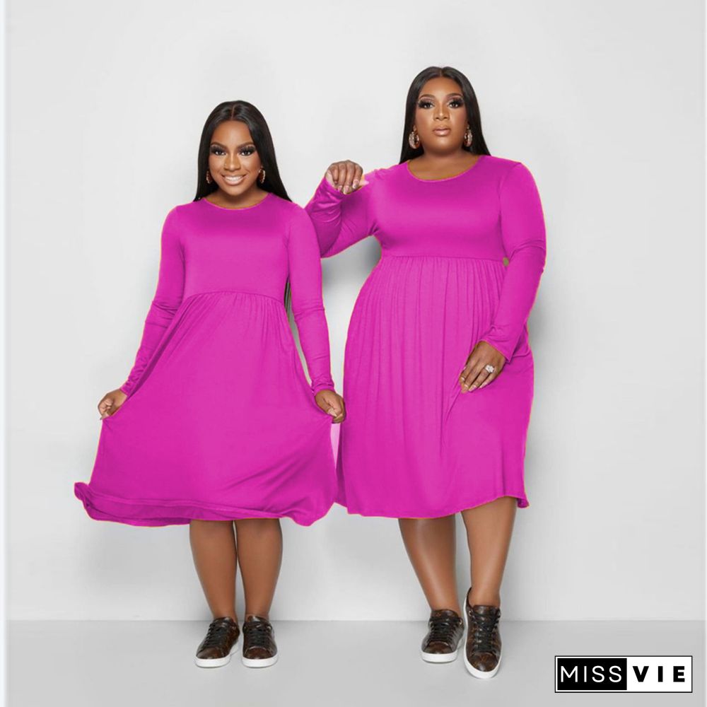 Solid Color Long Sleeve A Line Plus Size Dresses