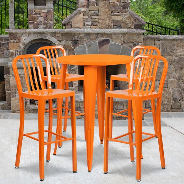 Round Metal Indoor outdoor Bar Table Set amp 4 Slat Back Stools