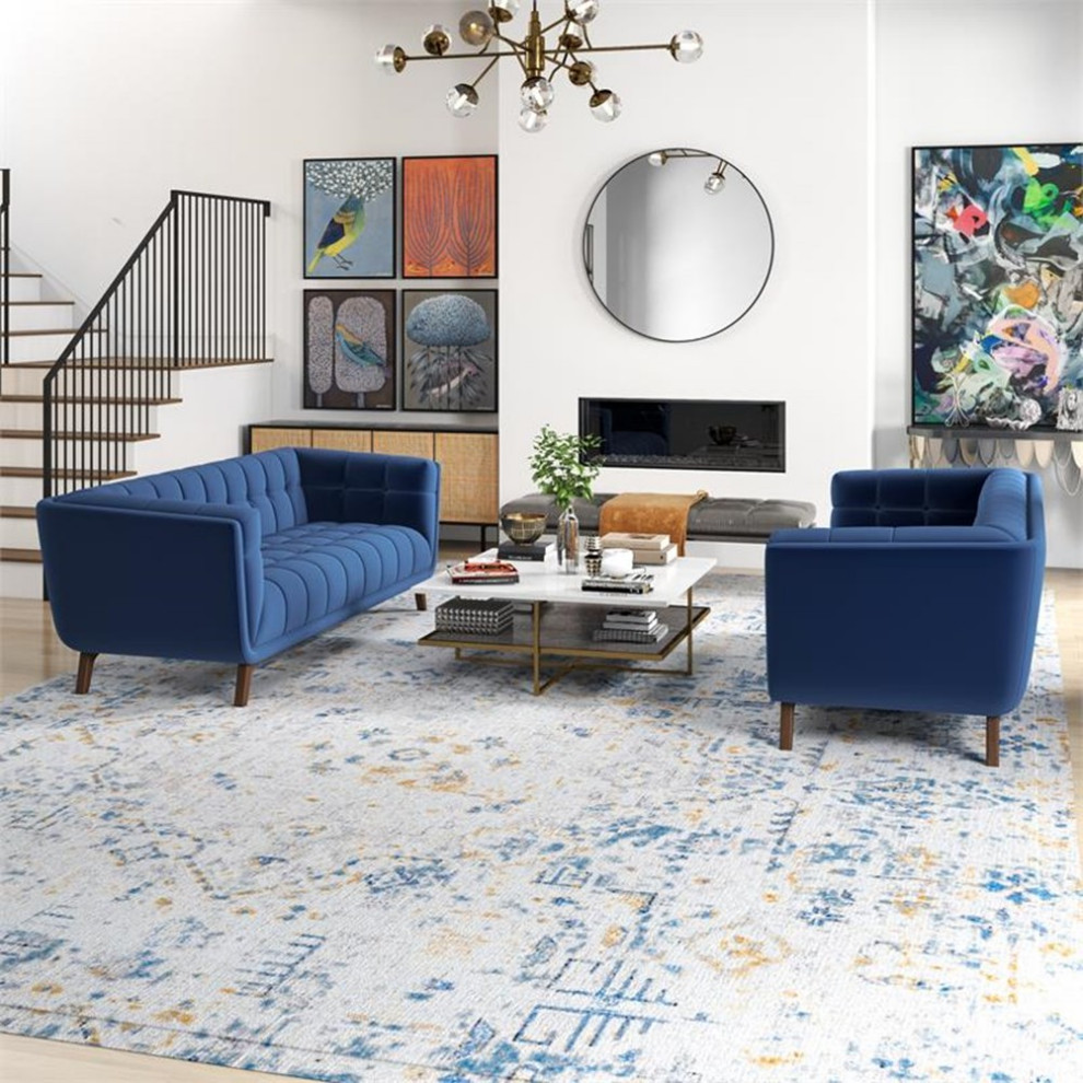 Kartmes Mid Century Modern Living Room Velvet Sofa Set in Blue   Midcentury   Living Room Furniture Sets   by Homesquare  Houzz