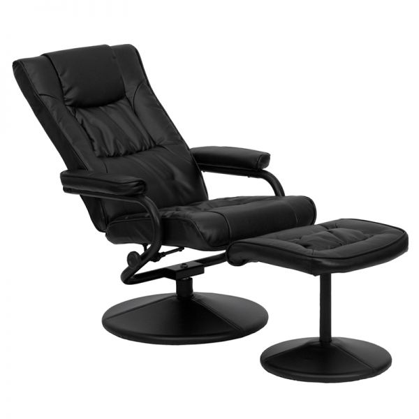 Rachel Contemporary Multi-Position Recliner and Ottoman with Wrapped Base in Black LeatherSoft