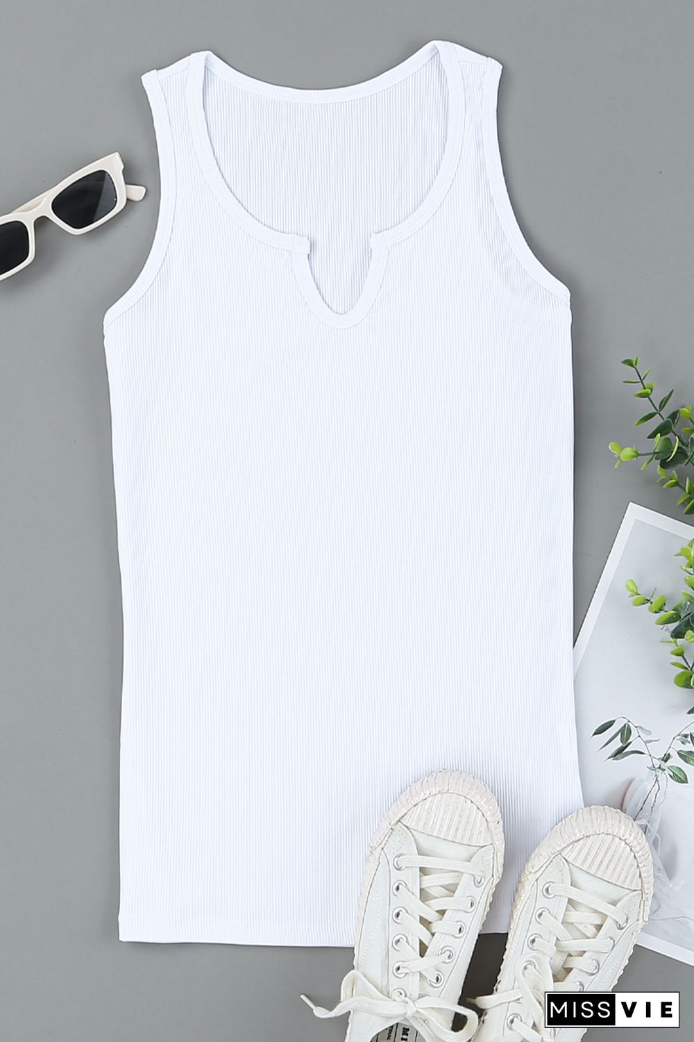 White Split Neck Ribbed Knit Tank Top