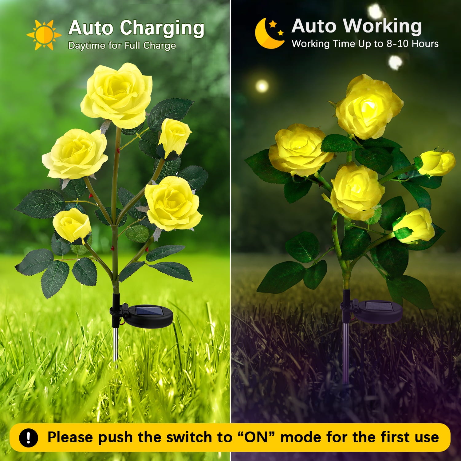 SHIKAN Solar Outdoor Lights Waterproof， Flower Stake Lights for Garden Decor， Pathway Lights for Lawn Backyard Walkway Patio Yard Decoration Landscape Lighting Auto on/off， Festival Gift Yellow Rose