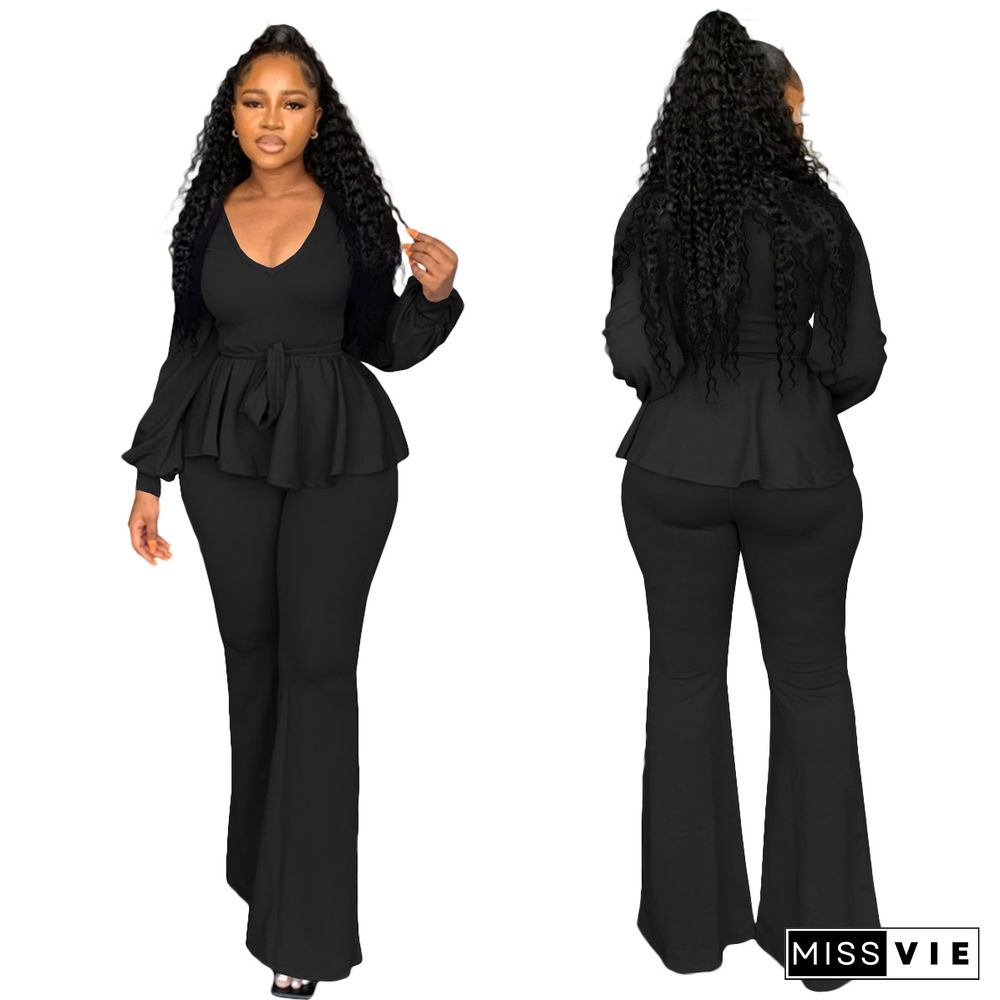 Solid V Neck Long Sleeve Tops Flare Pants Set