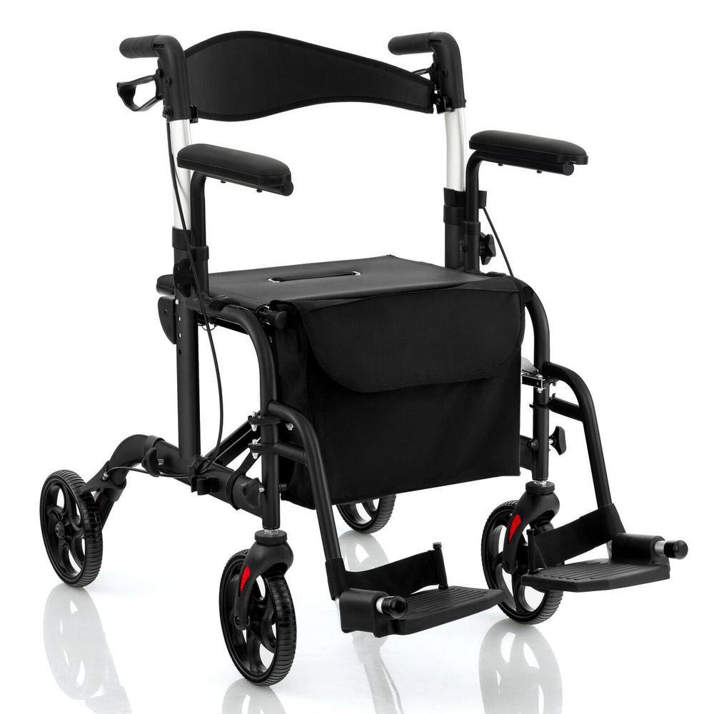 Costway 4-Wheel Folding Rollator Walker with Seat and 8 in. Wheels Supports up to 300 lbs. in Black JH10001BK