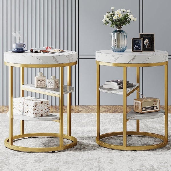 Round End Table， 3 Tiers Side Table with Storage for Living Room