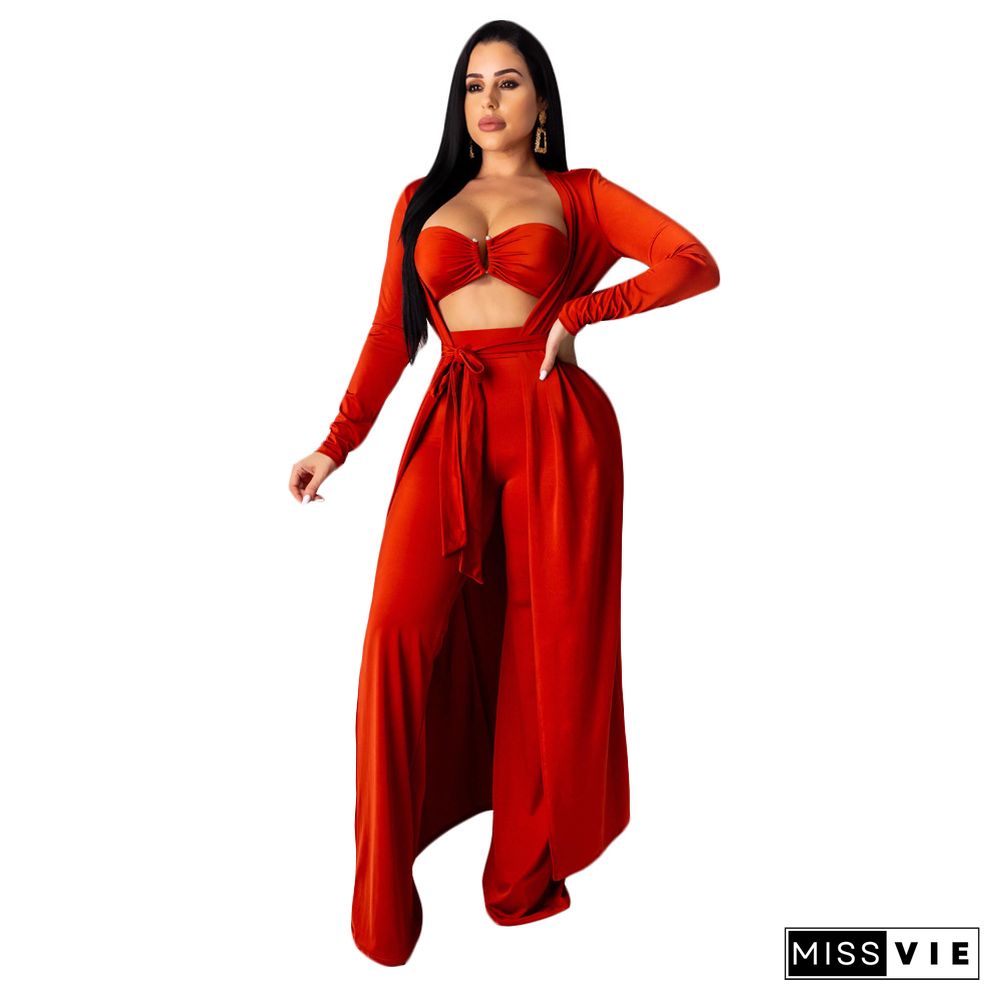 Crop Bra Top Wide Leg Pants Long Cardigan Set