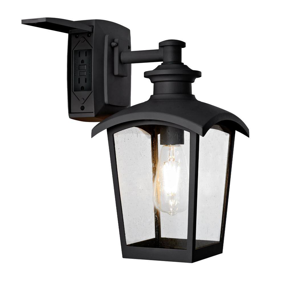 Home Luminaire 1-Light Black Outdoor Wall Coach Light Sconce with Seeded Glass and Built-In GFCI Outlets 31703