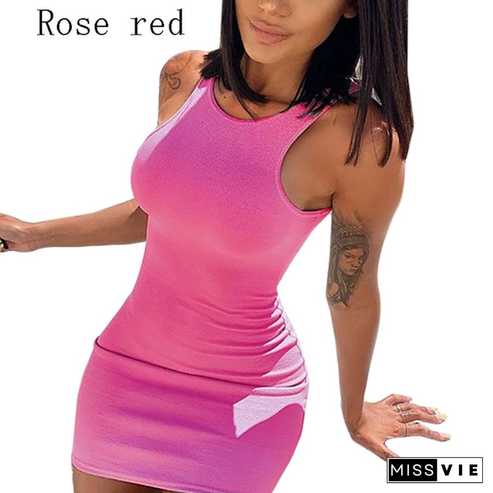 Women's Fashion Pure Color Sexy Mini Dress Slim Fit Sleeveless Dress Bodycon Dress