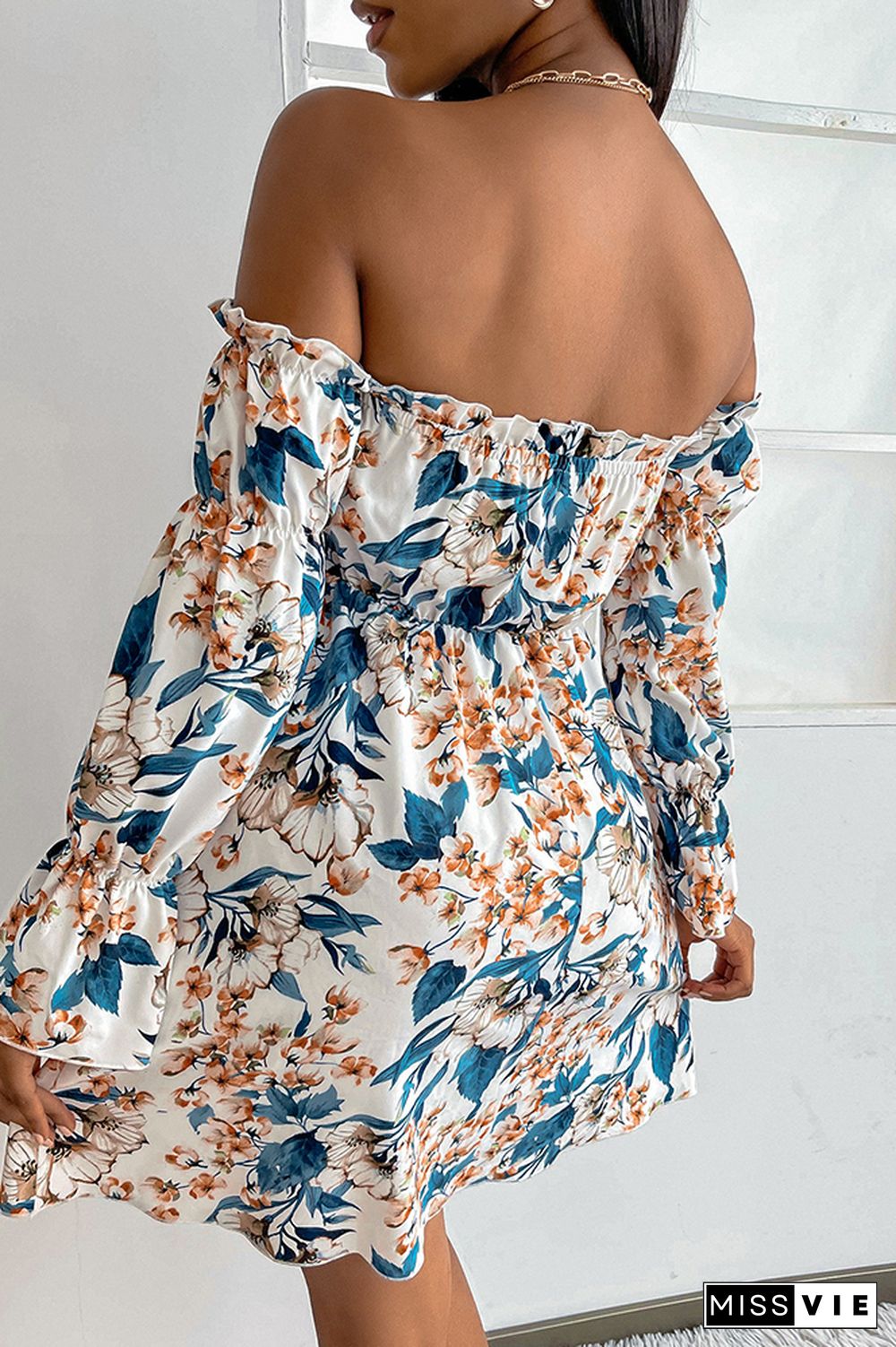 Off Shoulder Floral Print Long Sleeve Mini Dress Wholesale