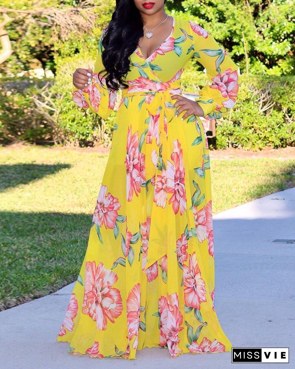 Tropical Print Deep V Belted Warp Maxi Dress P16067