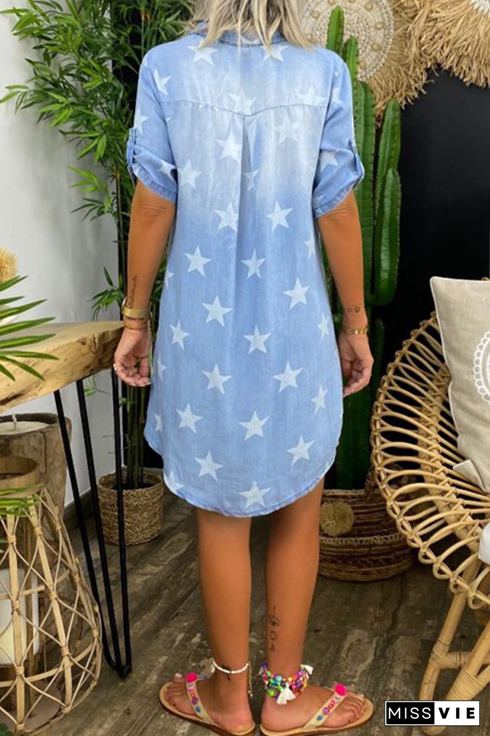 Star Pattern Loose Mini Denim Dress Wholesale