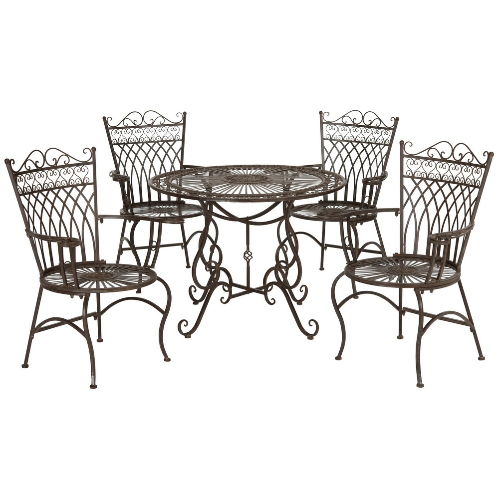 SAFAVIEH Outdoor Living Thessaly Victorian Scroll Iron 5 Piece Dining Set   TABLE: 39.25x39.25x28.75 CHAIR: 30.25x23.5x37.75